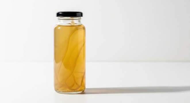 A glass bottle with a black cap containing a golden liquid and thin curved objects