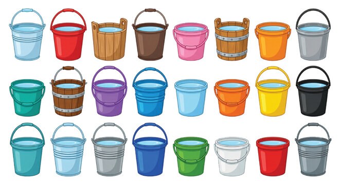 Colorful bucket collection with 23 vector icons, plastic and wooden pails filled with water, household and garden cleaning equipment set