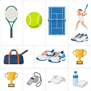 A comprehensive collection of tennis-related items, including rackets, balls, courts, a player, shoes, trophies, and various accessories.