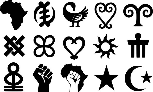 Pan-African Adinkra symbols silhouettes vector icon set isolated