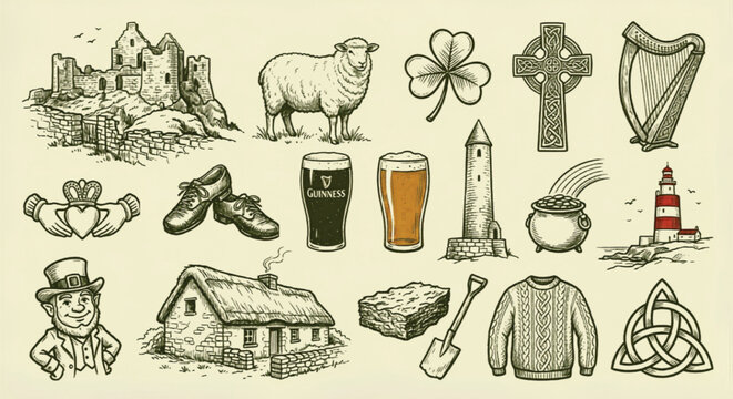 Vintage Irish culture vector icons set, hand drawn Ireland travel symbols, traditional Celtic heritage illustrations for St Patrick's Day
