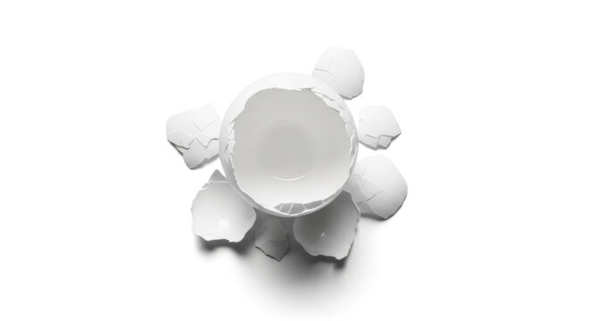 A white ceramic bowl surrounded by broken eggshell pieces on a plain white background