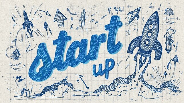 a doodle style illustration on graph paper with the word "start up" prominently displayed in blue, textured, bubble letters. multiple grey and black rockets are shown launching, emitting messy blue ex