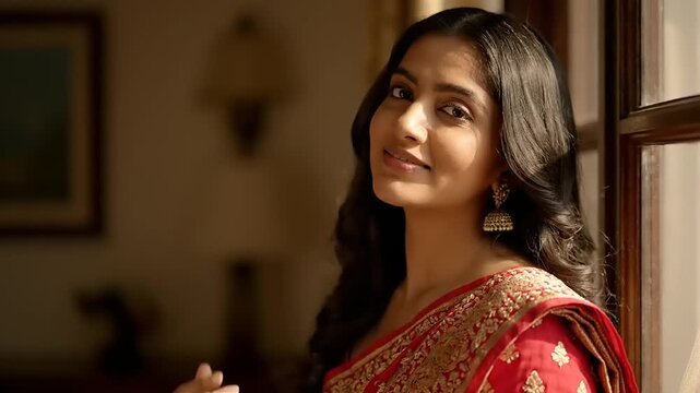 Beautiful Indian Woman in Traditional Red Saree Smiling Gracefully.