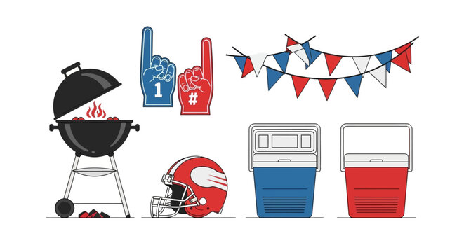 Minimalist vector set of tailgate party essentials, including a grill, helmet, foam fingers, and coolers for outdoor events