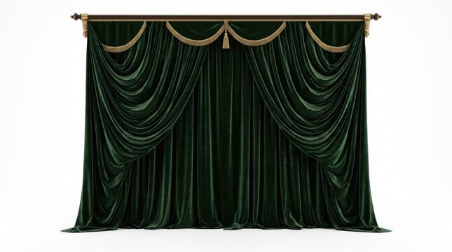 Elegant dark green velvet curtains with golden tassels and fringe isolated on a white background.