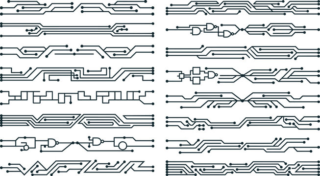 Circuit Board Electronic Tech Line Border and Divider Set with Digital Microchip Patterns for Technology Design