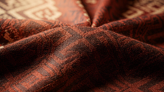 Indonesian ikat woven fabric, a traditional handwoven ikat motif from Nusa Tenggara. Geometric diamond and chevron motifs, rich terracotta red and natural indigo hues, visible warp and weft details.