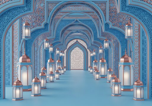 People praying inside mosque with blue arches
