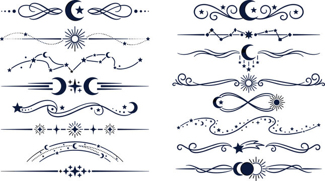 Celestial Moon Star and Constellation Ornamental Divider Set with Mystic Elements for Decorative Border and Page Design