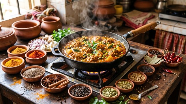 Hot chicken curry cooking in a frying pan on a gas stove surrounded by clay bowls with various aromatic Indian spices. Traditional homemade meal preparation in a rustic kitchen.