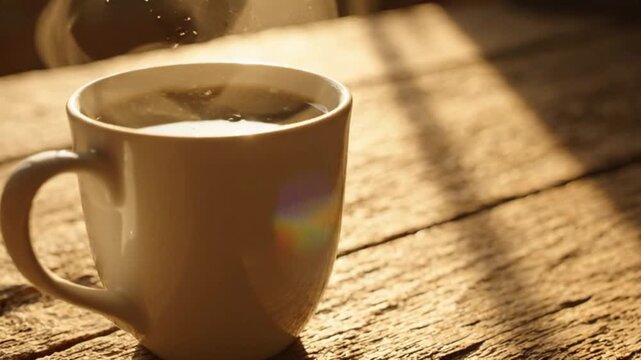 Steaming Hot Coffee Cup on Rustic Wooden Table with Sunlight Rays