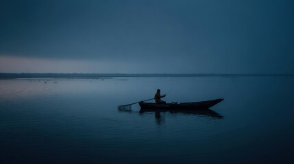 Obraz premium Lone fisherman on calm evening water