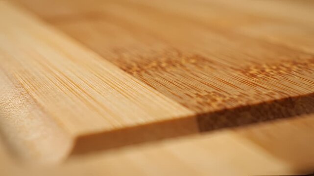 Closeup of a knife slicing through a bamboo cutting board.