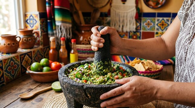 Woman preparing guacamole in a traditional stone mortar at home. Female cook crushing fresh avocado with molcajete for authentic Mexican food recipe. Healthy cooking and organic cuisine.