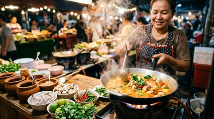 Obraz premium Thai woman street food vendor cooking spicy soup in wok at night market. Asian chef preparing authentic meal with shrimp, chili and herb. Traditional culinary culture and kitchen.