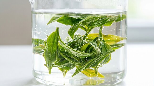 Fresh green tea leaves steeping in clear glass cup with hot water infusion