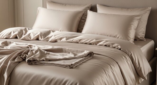 A neatly made bed with beige sheets and comforter, rumpled in places