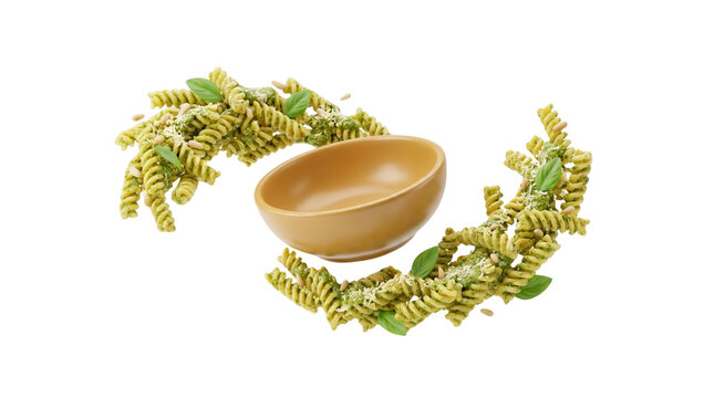 Green Spirali Pasta with Wooden Bowl Isolated.