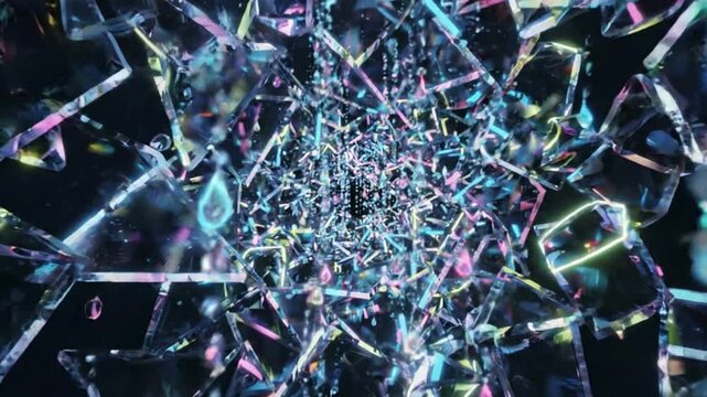 Abstract Shattered Glass Tunnel with Neon Light Reflections, Digital Art