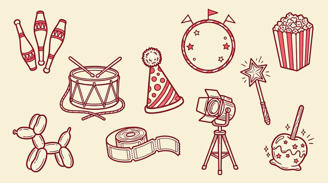 Collection of circus and party elements, including juggling pins, a drum, a party hat, a balloon animal, a measuring tape, a spotlight, a circus ring, popcorn, a magic wand, and a candy apple.