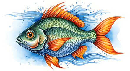 Fototapeta premium Vibrant Watercolor Fish with Orange Fins Swimming in Blue Water