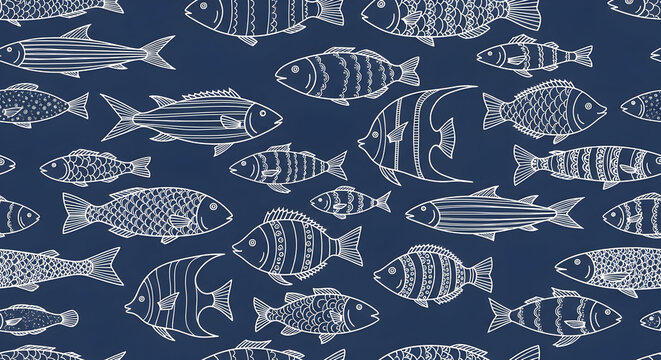 Ornate White Fish on Deep Blue Seamless Pattern
