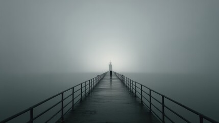 Fototapeta premium Man walking toward distant lighthouse in fog