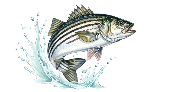 Detailed Illustration of a Striped Bass in a Dramatic Splash