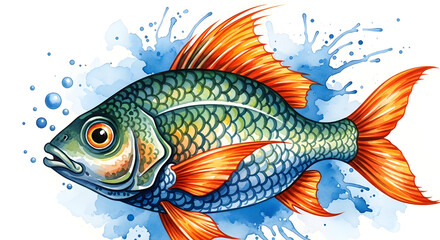 Fototapeta premium Vibrant Watercolor Fish with Orange Fins and Blue Splashes