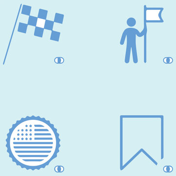 Minimalist blue vector icons set featuring racing checkered flag milestone success achievement american flag stamp and bookmark symbol
