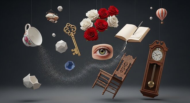 Surreal floating objects and symbols.