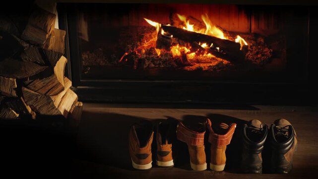 Footage of three pairs of hiking boots drying by a warm fireplace with burning logs and a stack of wood nearby in a cozy cabin.