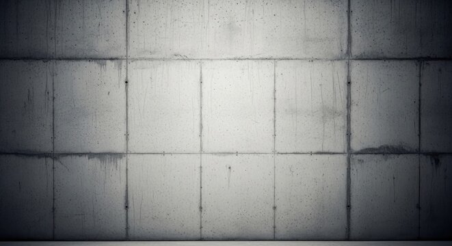 A grayscale image of a wall composed of square concrete blocks with visible seams and stains