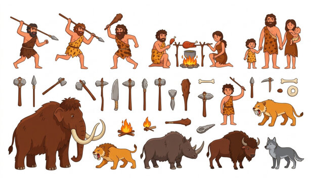 Stone Age Cavemen and Prehistoric Animals Cartoon Vector Illustration Set