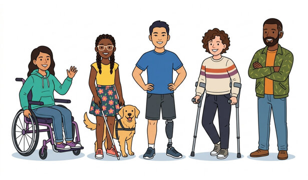Multiracial Disabled People Vector Set with Wheelchair Prosthesis and Blind Characters