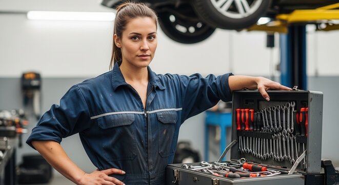 Female mechanic in a garage workshop.
