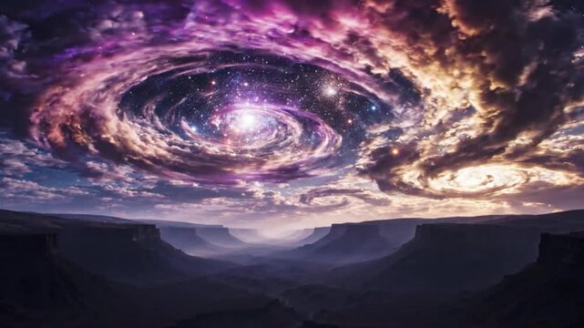 Swirling Cosmic Vortex Sky Above Canyon Landscape  Surreal Nebula Galaxy