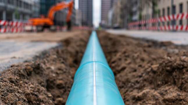 Pipe in urban trench at construction site with blue plastic utility infrastructure excavation