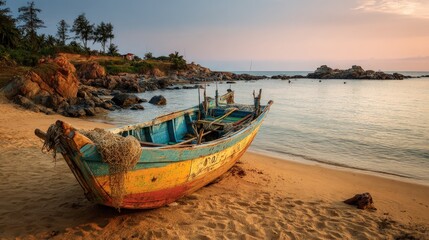 Fototapeta premium Old boat on sandy beach at sunset