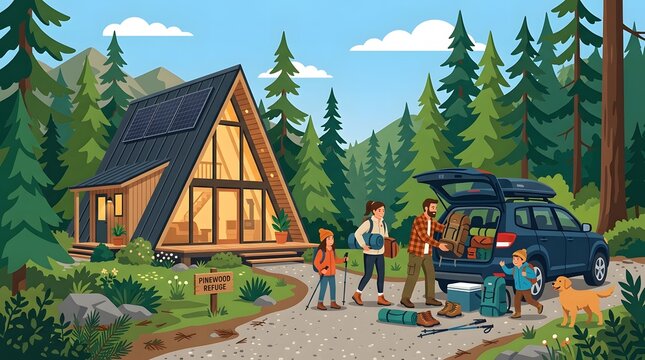 Family arrives at a modern A-frame cabin in the forest for a weekend vacation, unloading camping gear and supplies from their car while their dog waits nearby.