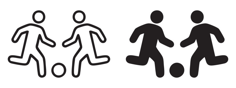 A set of simple vector silhouettes and outline icons depicting two players playing with soccer or football. 