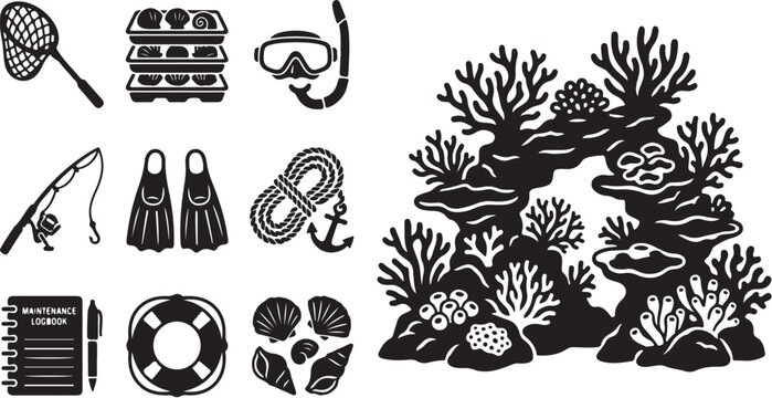 Underwater ocean coral reef and diving equipment icons