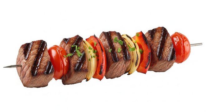 Grilled beef and vegetable shish kebab skewer isolated on white background.