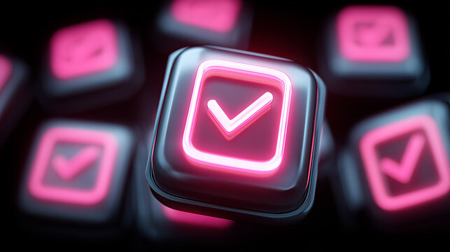 Check mark button on a digital interface, symbolizing approval, verification and successful online confirmation
