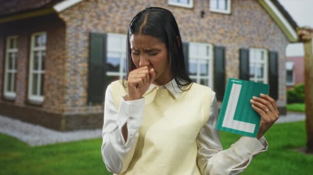 Woman holding green learner plate coughing into hand and clutching chest in front of building, showing visible distress and chest pain; discomfort concern.