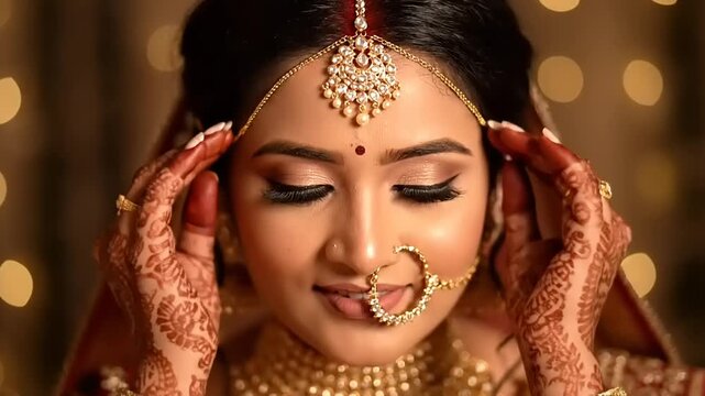 Beautiful Indian Bride Adorned with Traditional Jewelry and Mehendi.