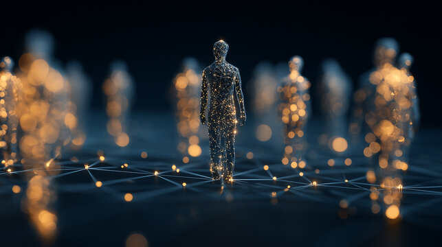 Digital human figures connected across a network floor, symbolizing identity, communication and future social technology
