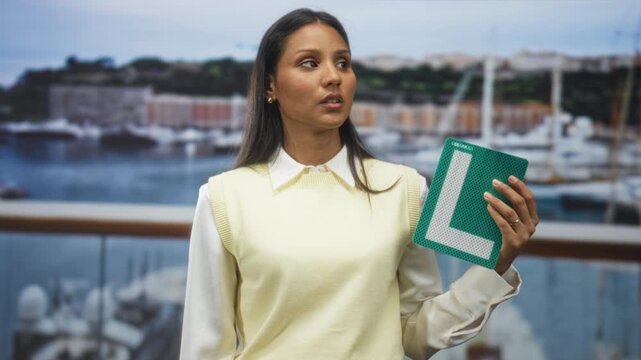 Woman holds green learner l plate in right hand, fingers visible, standing by marina view in a building; quiet uncertainty.