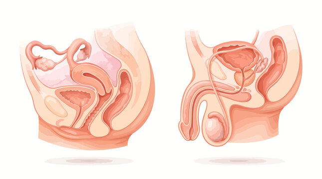 Detailed illustration of male and female reproductive systems.